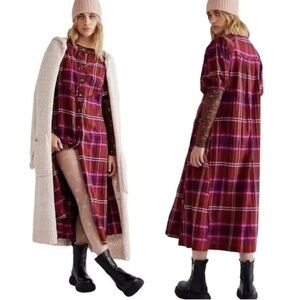 We The Free | Outlaw Plaid Maxi Dress Berry Combo Maroon Pink Cottage Boho S